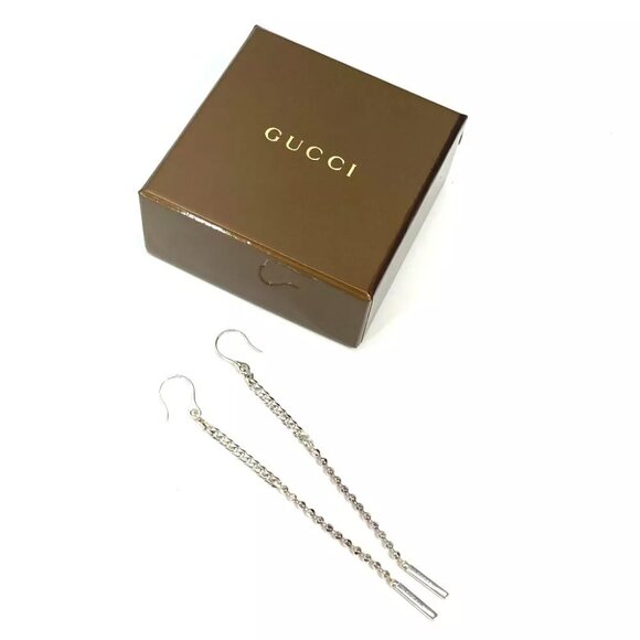 GUCCI Hook Chain Logo Bar lariat Long Swing Drop Accessories Pierce Metal Silver - Picture 6 of 7